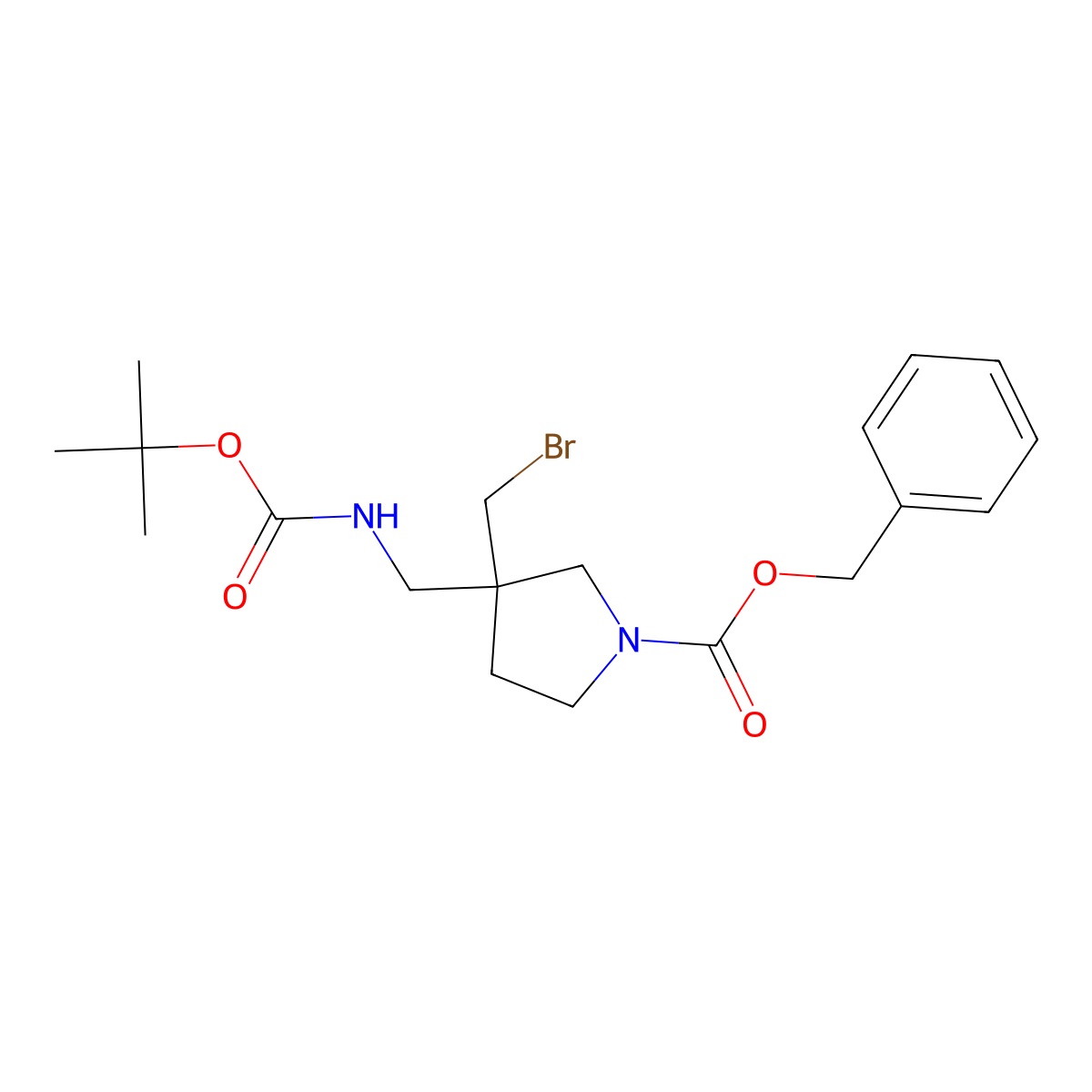 Benzyl 3-(bromomethyl)-3-({[(tert-butoxy)carbonyl]amino}methyl)pyrrolidine-1-carboxylate molecular structure, CAS 2913415-59-3