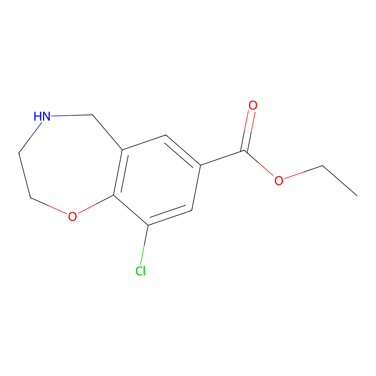Ethyl 9-chloro-2,3,4,5-tetrahydro-1,4-benzoxazepine-7-carboxylate molecular structure, CAS 2913415-74-2