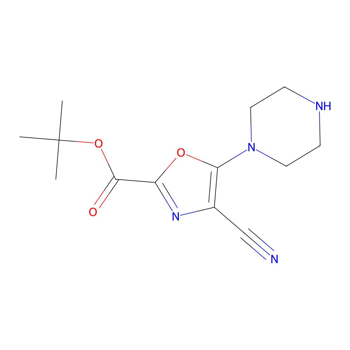 Tert-butyl 4-cyano-5-(piperazin-1-yl)-1,3-oxazole-2-carboxylate molecular structure, CAS 2913416-43-8