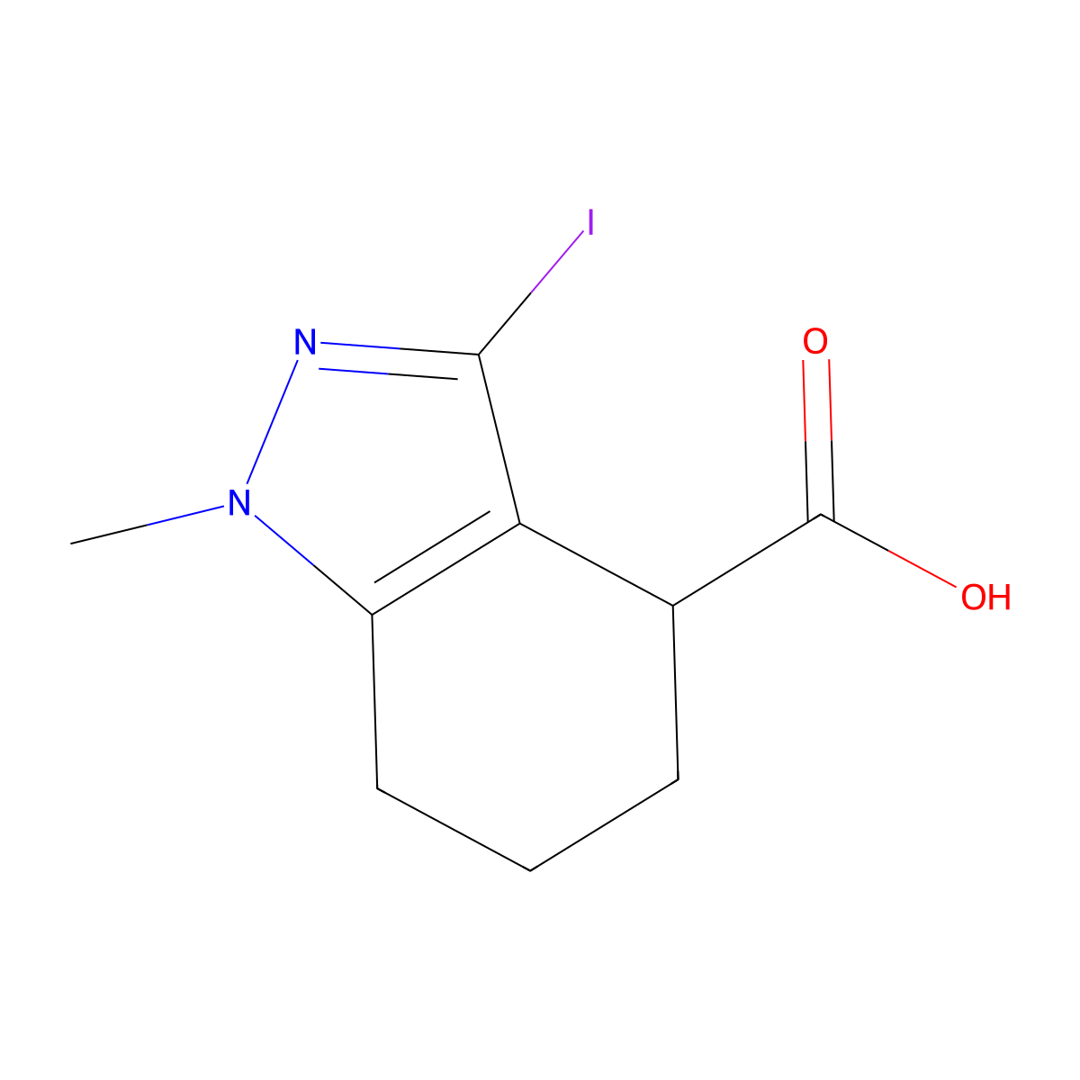 3-iodo-1-methyl-4,5,6,7-tetrahydro-1H-indazole-4-carboxylic acid molecular structure, CAS 2913418-74-1