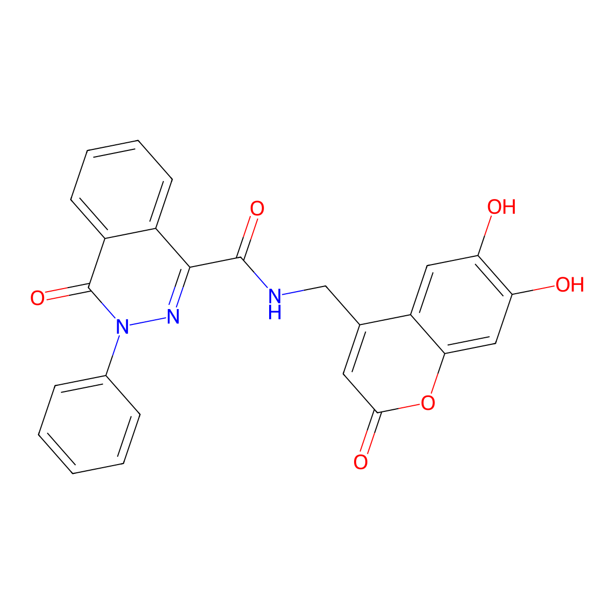 N-((6,7-dihydroxy-2-oxo-2H-chromen-4-yl)methyl)-4-oxo-3-phenyl-3,4-dihydrophthalazine-1-carboxamide molecular structure, CAS 2913419-10-8