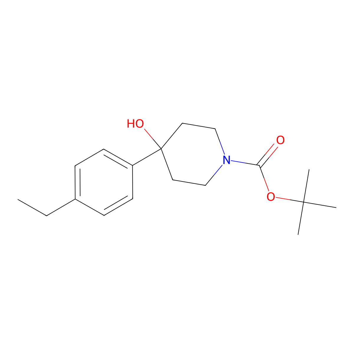 Tert-butyl 4-(4-ethylphenyl)-4-hydroxypiperidine-1-carboxylate molecular structure, CAS 2913419-33-5