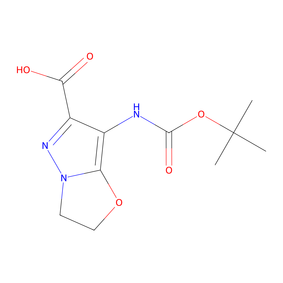 7-{[(tert-butoxy)carbonyl]amino}-2H,3H-pyrazolo[3,2-b][1,3]oxazole-6-carboxylic acid molecular structure, CAS 2913419-43-7