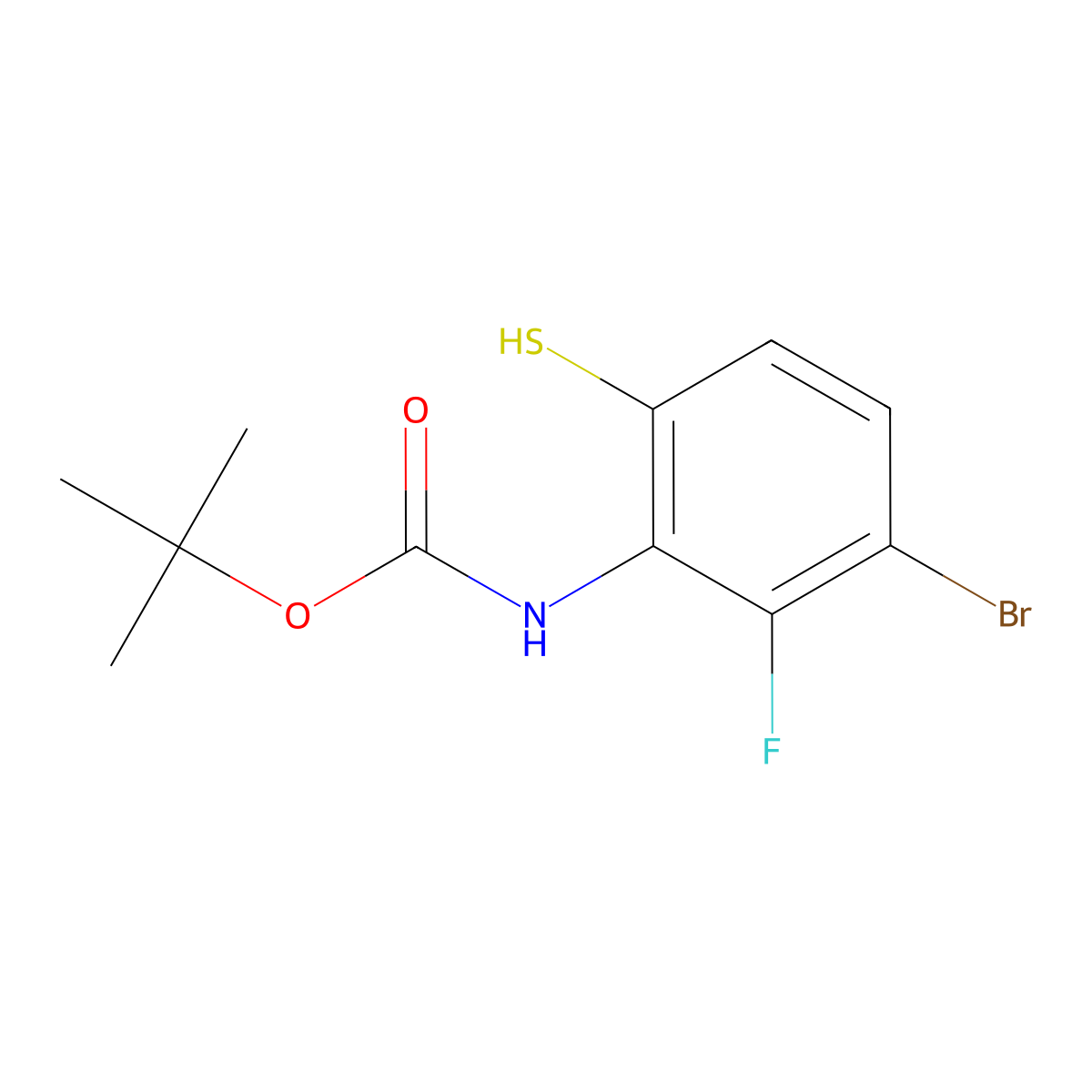 tert-butyl N-(3-bromo-2-fluoro-6-sulfanylphenyl)carbamate molecular structure, CAS 2913419-44-8