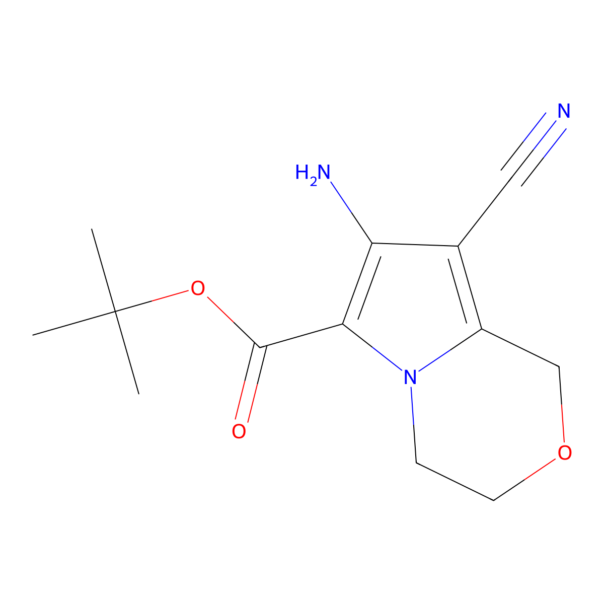 tert-butyl 7-amino-8-cyano-1H,3H,4H-pyrrolo[2,1-c][1,4]oxazine-6-carboxylate molecular structure, CAS 2913420-39-8