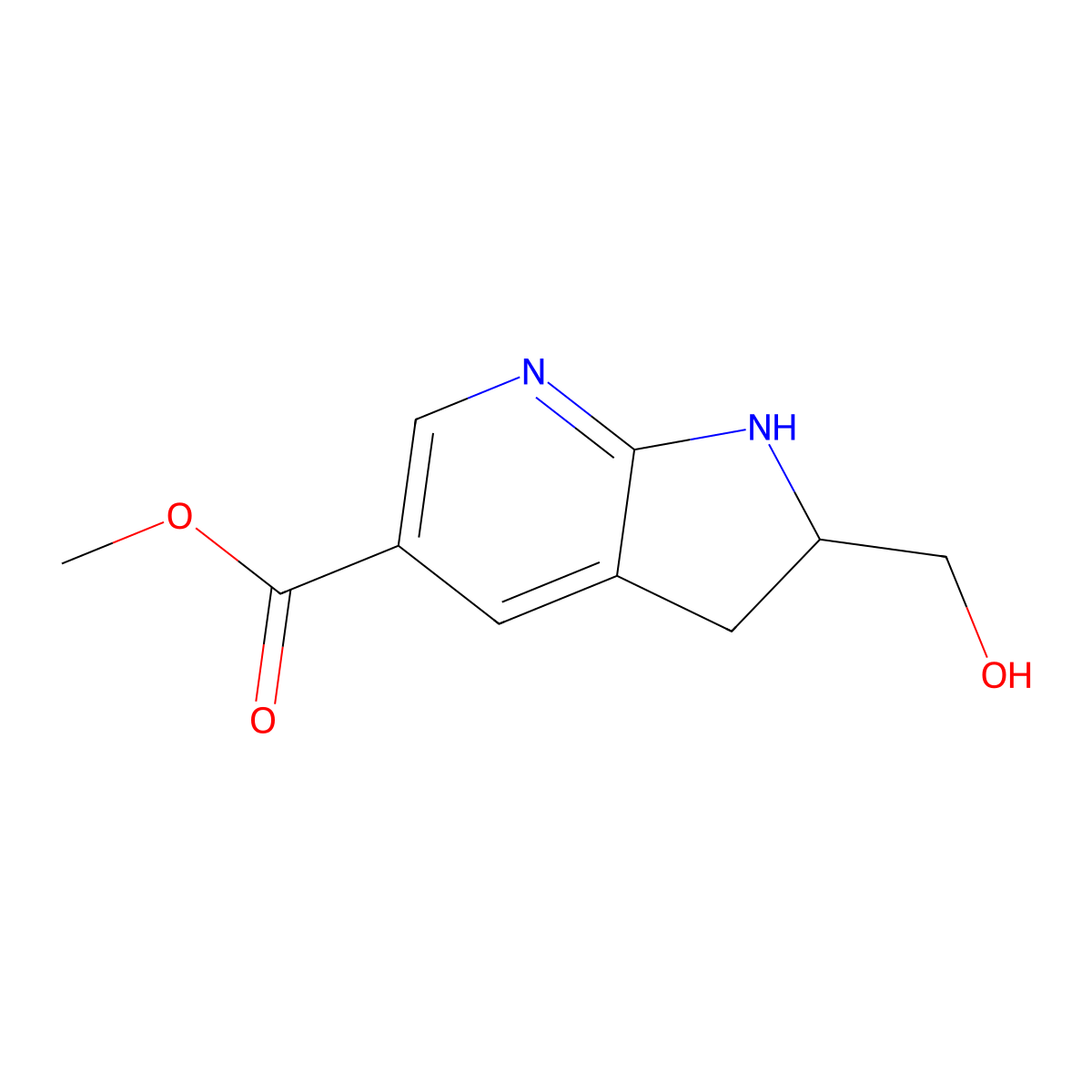 methyl 2-(hydroxymethyl)-1H,2H,3H-pyrrolo[2,3-b]pyridine-5-carboxylate molecular structure, CAS 2913421-18-6