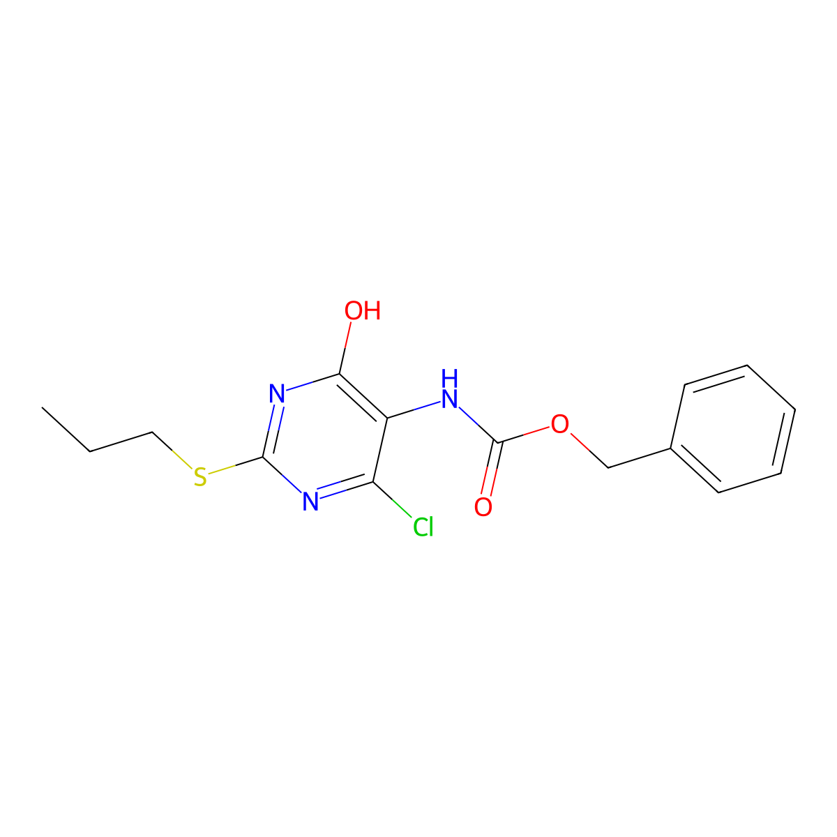 benzyl N-[4-chloro-6-hydroxy-2-(propylsulfanyl)pyrimidin-5-yl]carbamate molecular structure, CAS 2913422-10-1