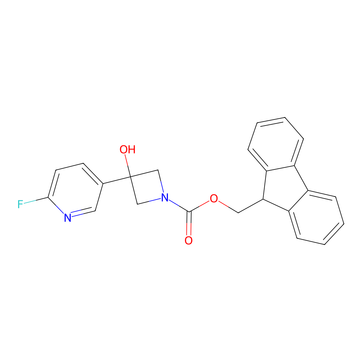 (9H-fluoren-9-yl)methyl 3-(6-fluoropyridin-3-yl)-3-hydroxyazetidine-1-carboxylate molecular structure, CAS 2913423-08-0