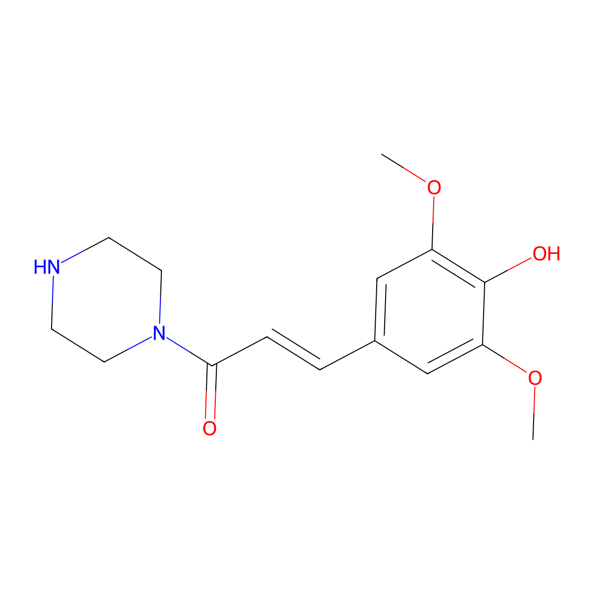 (2E)-3-(4-hydroxy-3,5-dimethoxyphenyl)-1-(piperazin-1-yl)prop-2-en-1-one molecular structure, CAS 2913587-33-2