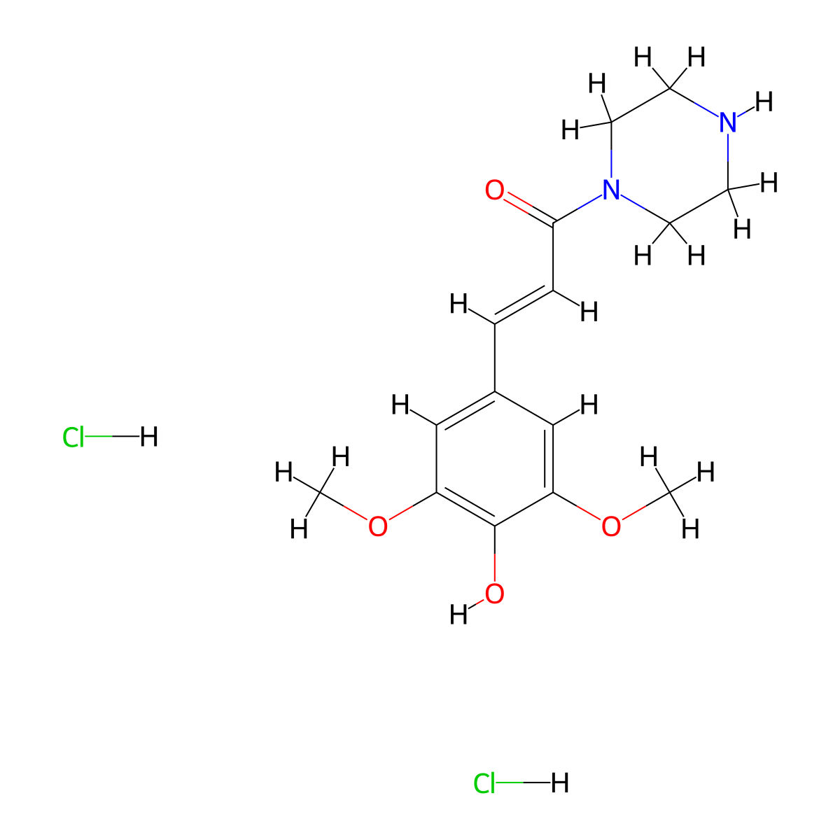 (2E)-3-(4-hydroxy-3,5-dimethoxyphenyl)-1-(piperazin-1-yl)prop-2-en-1-one dihydrochloride molecular structure, CAS 2913587-34-3