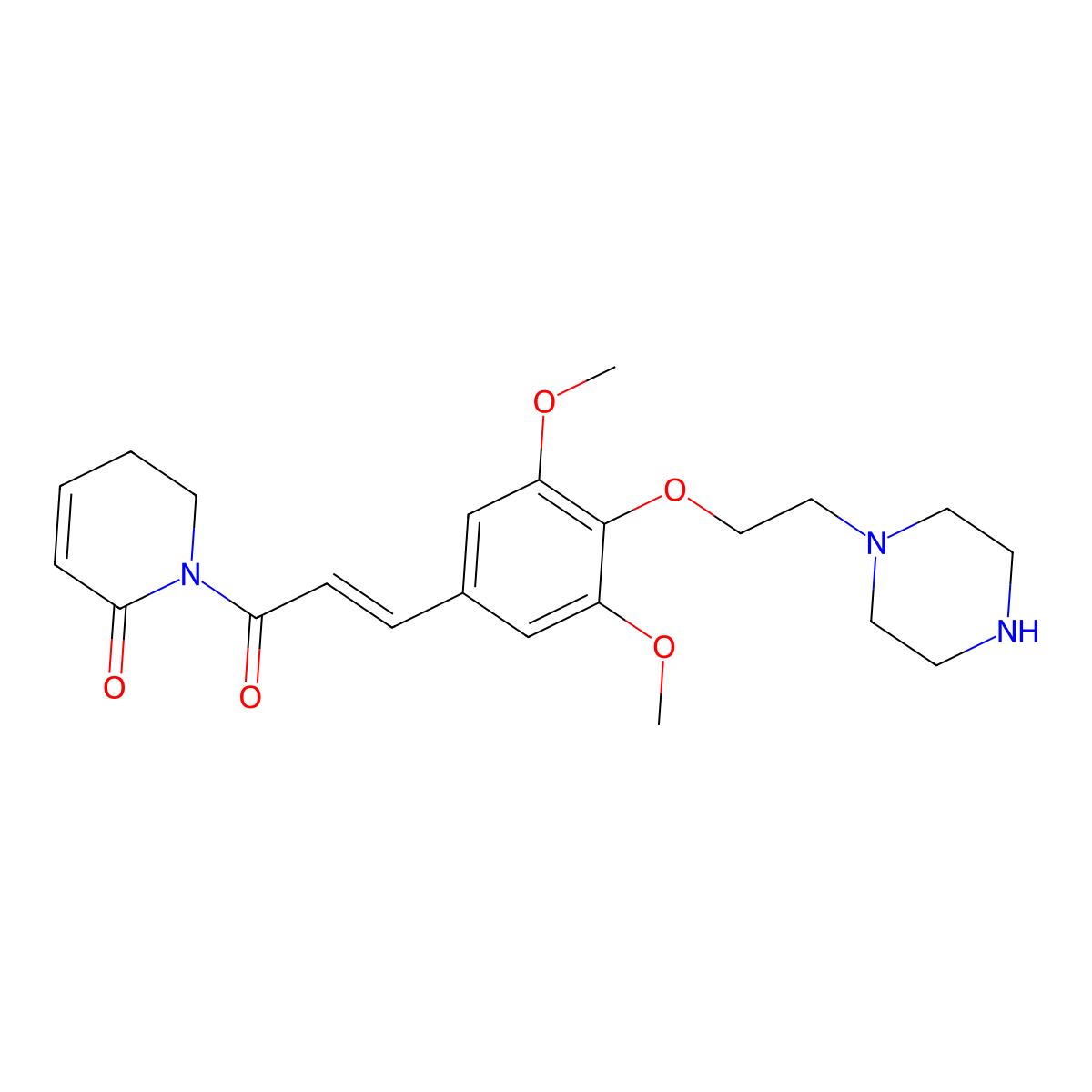 1-[(2E)-3-{3,5-dimethoxy-4-[2-(piperazin-1-yl)ethoxy]phenyl}prop-2-enoyl]-1,2,5,6-tetrahydropyridin-2-one molecular structure, CAS 2913587-38-7