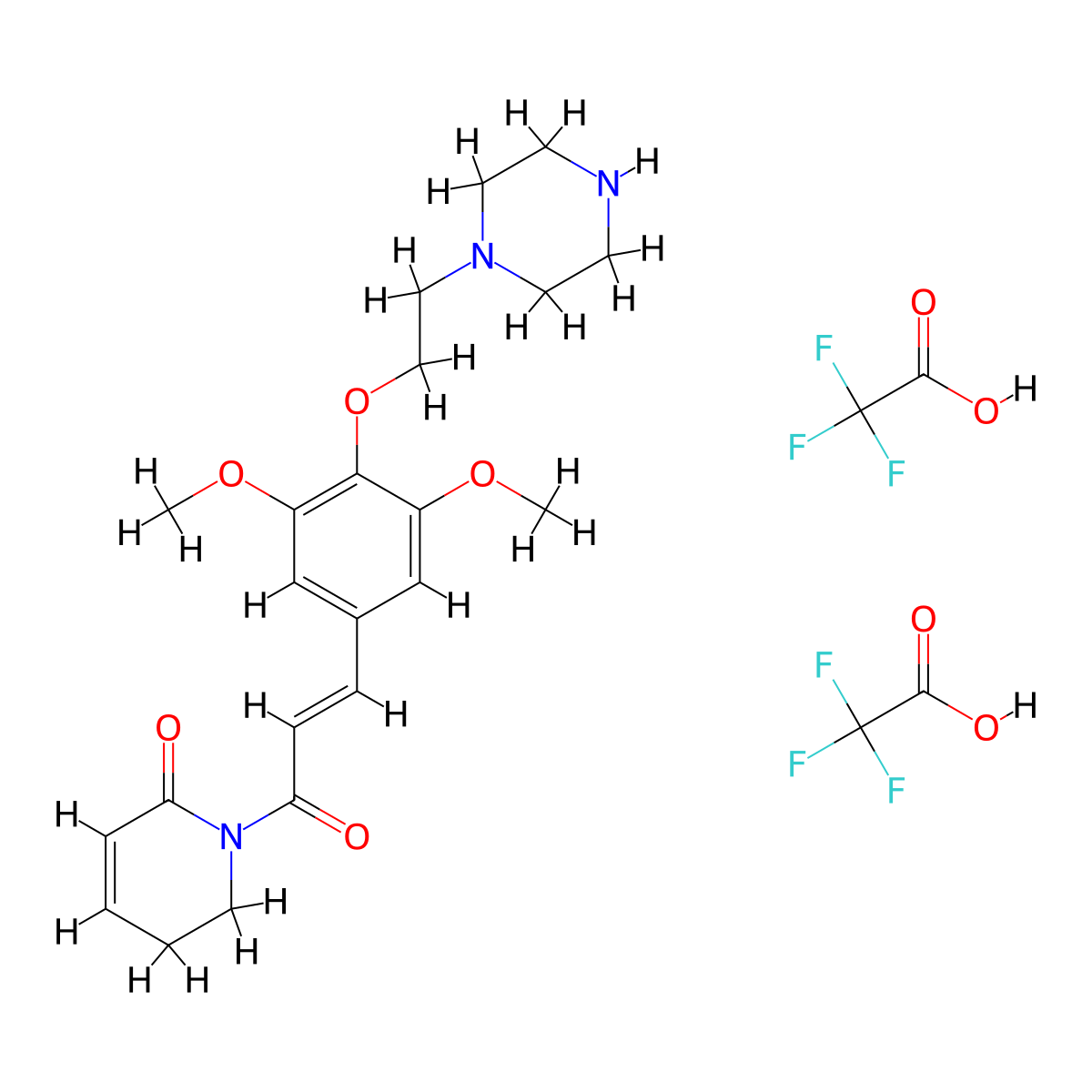 1-[(2E)-3-{3,5-dimethoxy-4-[2-(piperazin-1-yl)ethoxy]phenyl}prop-2-enoyl]-1,2,5,6-tetrahydropyridin-2-one; bis(trifluoroacetic acid) molecular structure, CAS 2913587-39-8