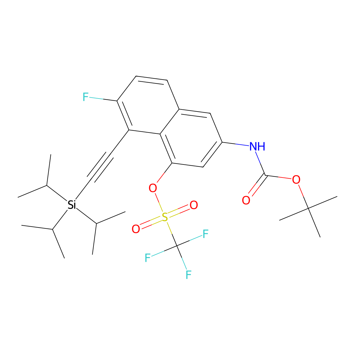 3-((tert-Butoxycarbonyl)amino)-7-fluoro-8-((triisopropylsilyl)ethynyl)naphthalen-1-yl trifluoromethanesulfonate molecular structure, CAS 2916870-57-8