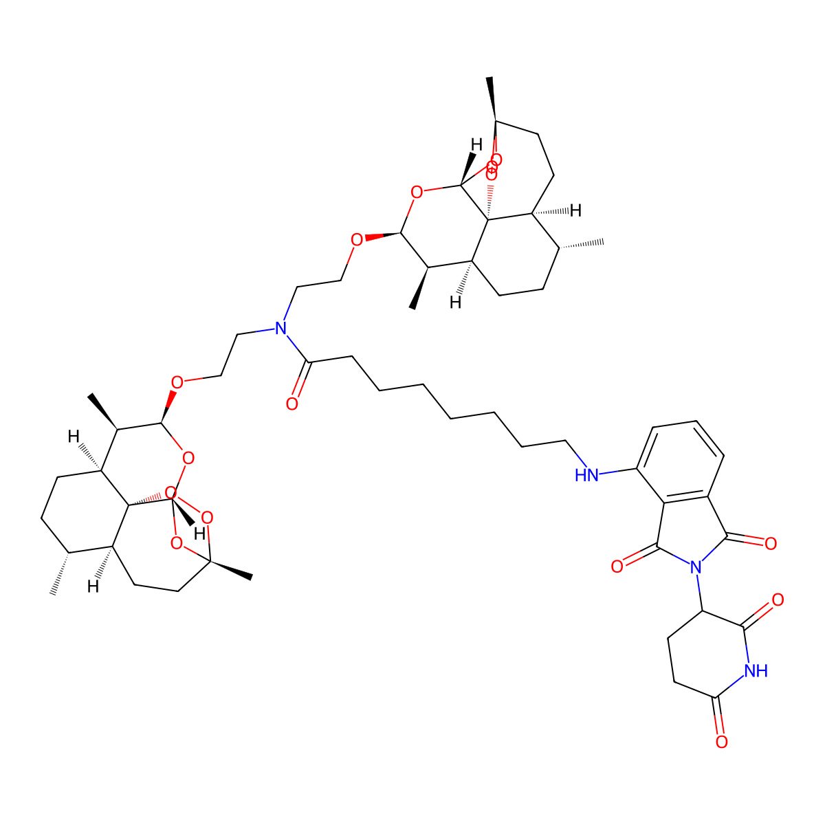 8-[[2-(2,6-dioxopiperidin-3-yl)-1,3-dioxoisoindol-4-yl]amino]-N,N-bis[2-[[(1R,4S,5R,8S,9R,10S,12R,13R)-1,5,9-trimethyl-11,14,15,16-tetraoxatetracyclo[10.3.1.04,13.08,13]hexadecan-10-yl]oxy]ethyl]octanamide molecular structure, CAS 2918262-09-4