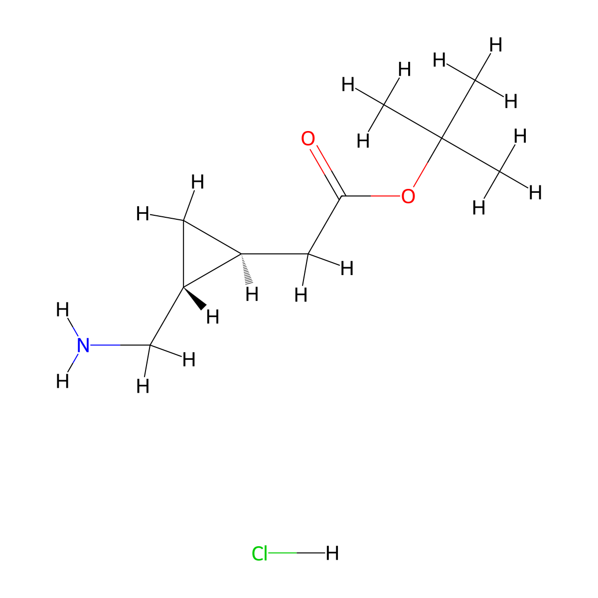 rac-tert-butyl2-[(1R,2S)-2-(aminomethyl)cyclopropyl]acetatehydrochloride,trans molecular structure, CAS 2918774-63-5
