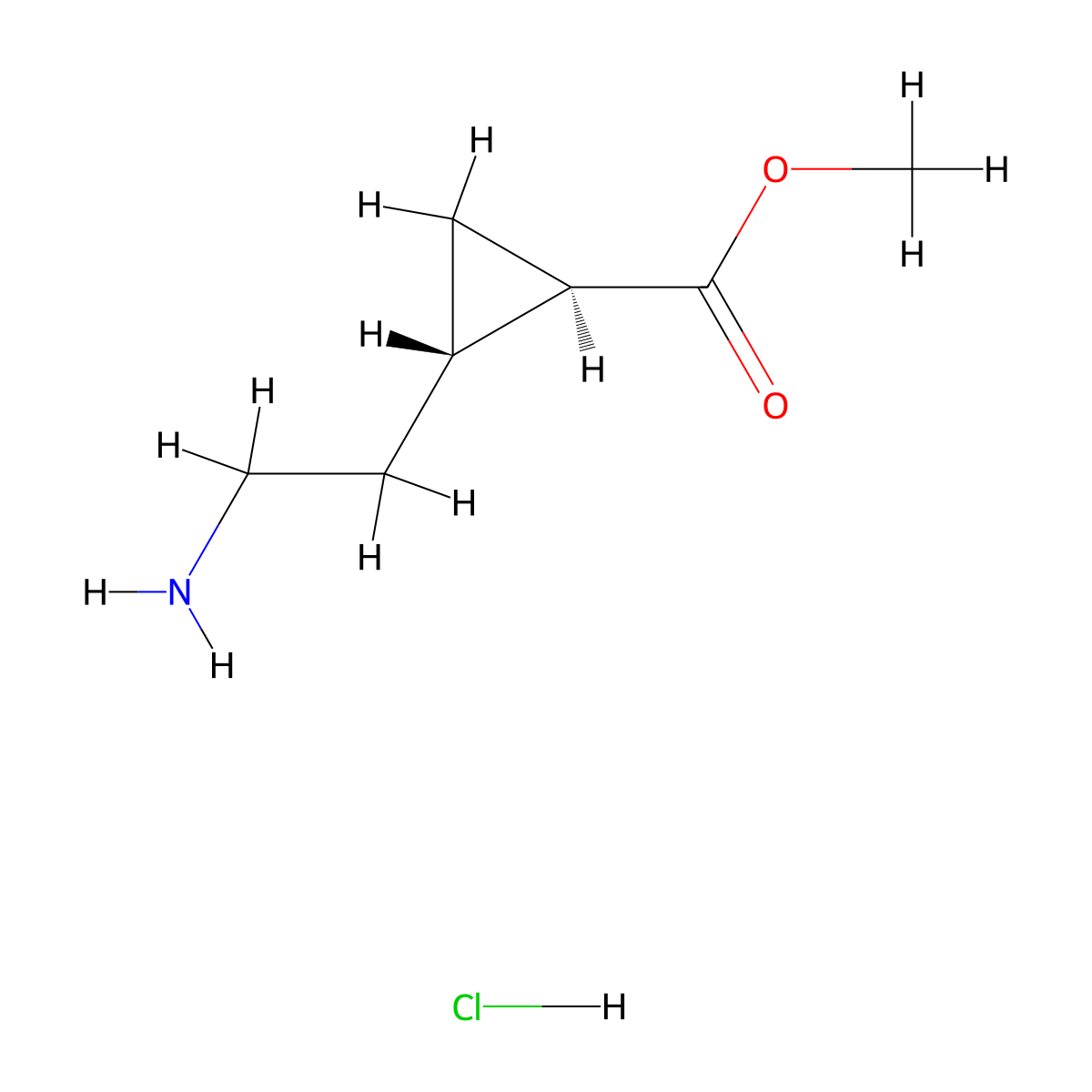 rac-methyl (1R,2S)-2-(2-aminoethyl)cyclopropane-1-carboxylate hydrochloride, trans molecular structure, CAS 2918775-16-1