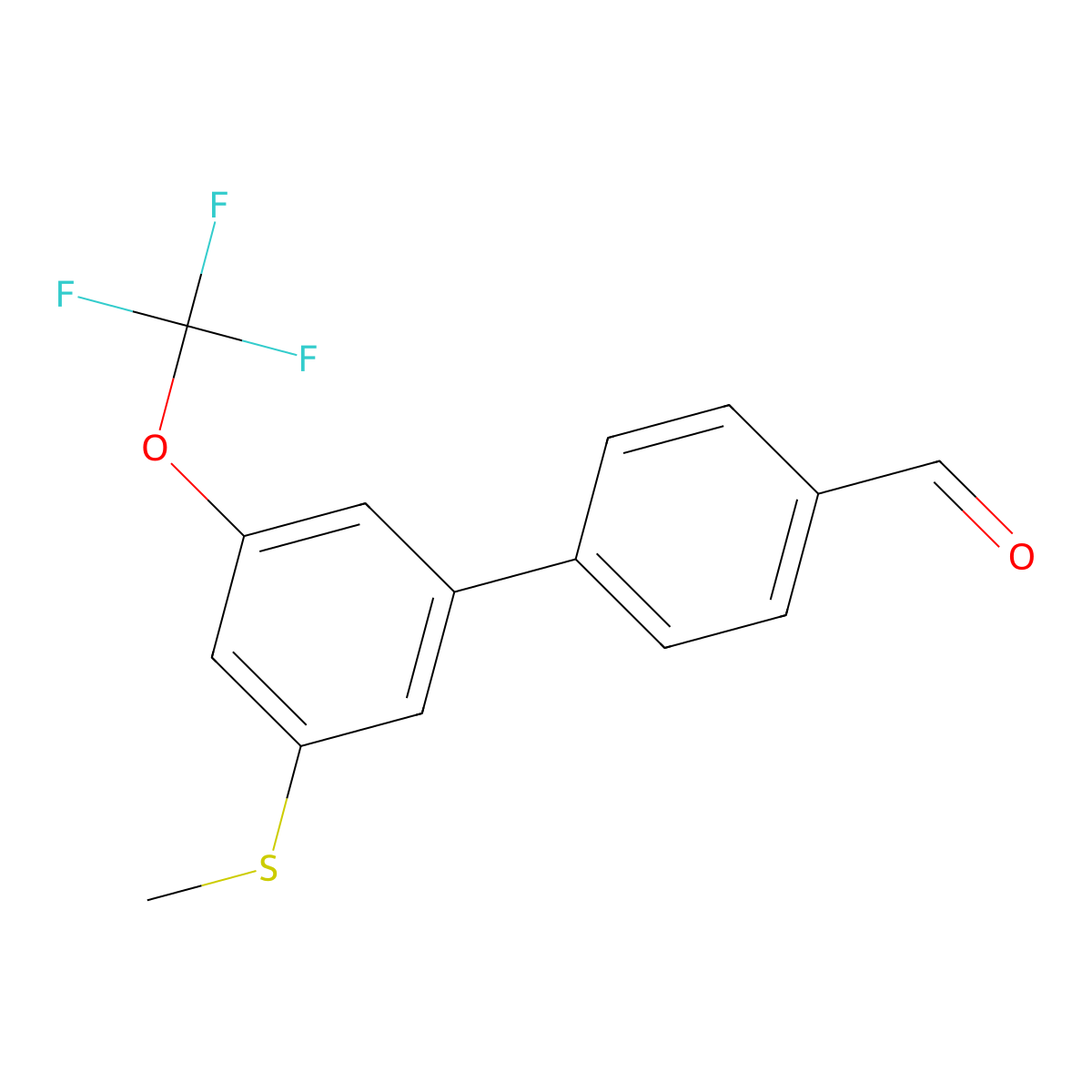 3'-(Methylthio)-5'-(trifluoromethoxy)-[1,1'-biphenyl]-4-carbaldehyde molecular structure, CAS 2918883-50-6