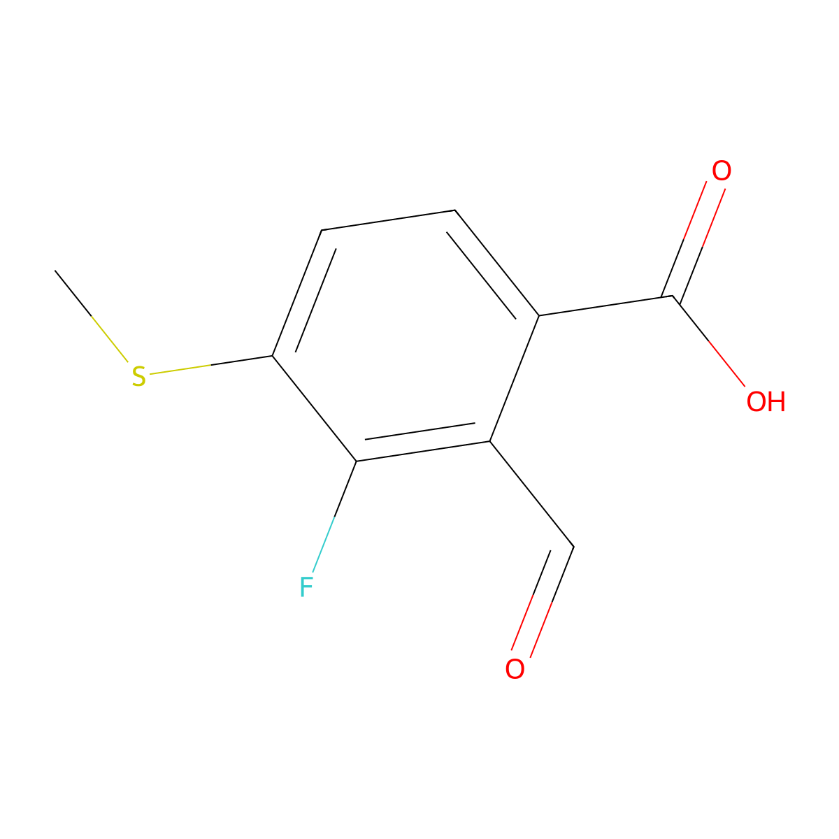 3-Fluoro-2-formyl-4-(methylthio)benzoic acid molecular structure, CAS 2918889-78-6