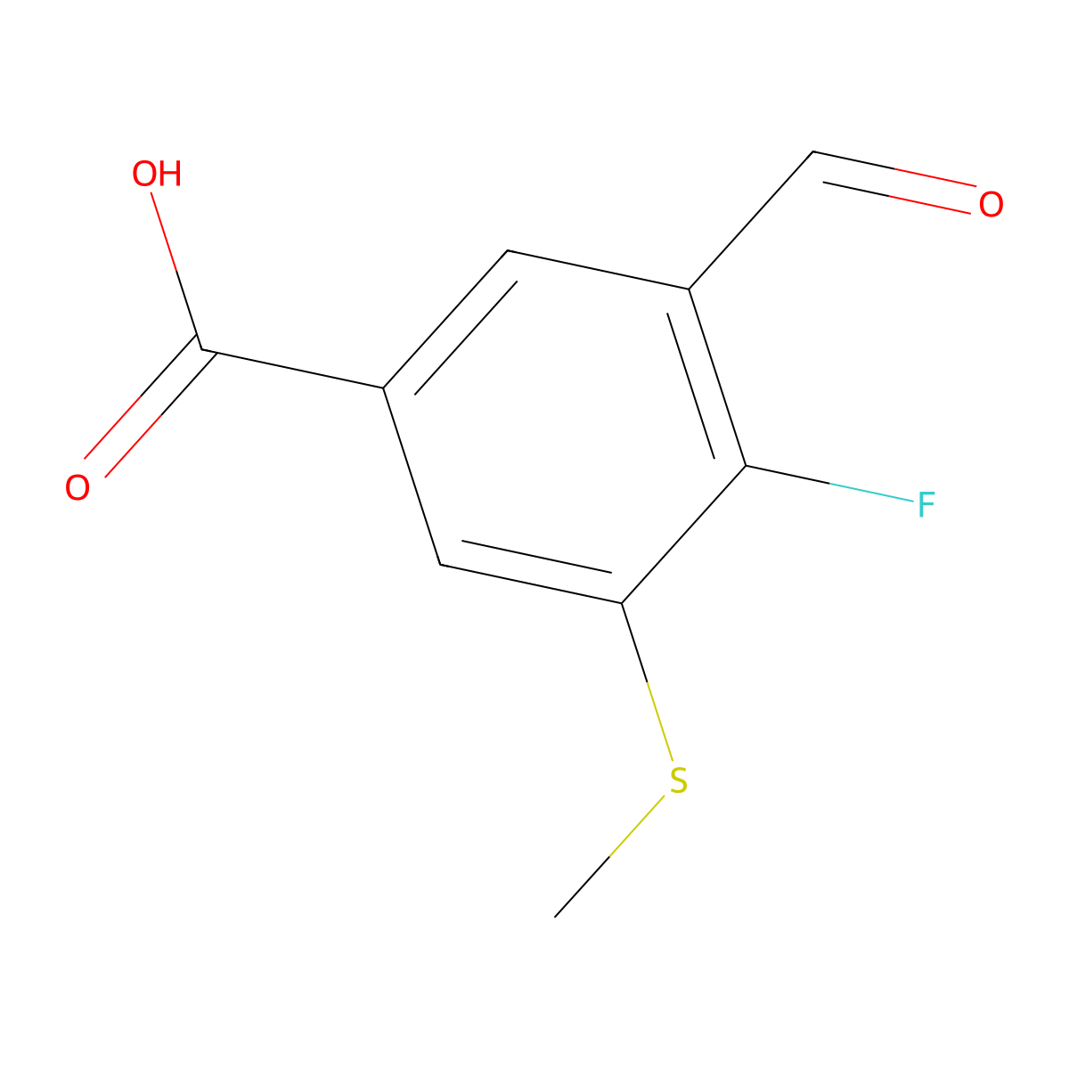 4-Fluoro-3-formyl-5-(methylthio)benzoic acid molecular structure, CAS 2918964-78-8