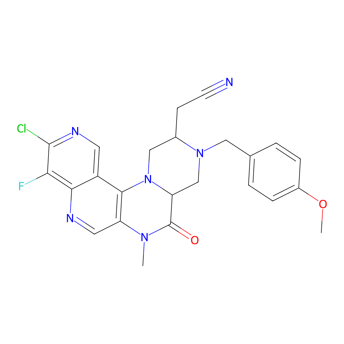 2-(15-Chloro-14-fluoro-5-[(4-methoxyphenyl)methyl]-9-methyl-8-oxo-2,5,9,12,16-pentaazatetracyclo[8.8.0.0,{2,7}.0,{13,18}]octadeca-1(10),11,13,15,17-pentaen-4-yl)acetonitrile molecular structure, CAS 2918976-04-0