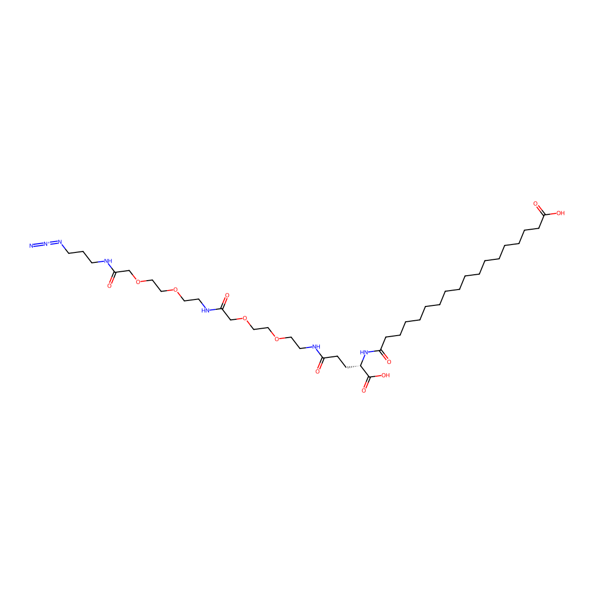 (S)-1-Azido-26-carboxy-5,14,23,28-tetraoxo-7,10,16,19-tetraoxa-4,13,22,27-tetraazapentatetracontan-45-oic acid molecular structure, CAS 2919207-59-1