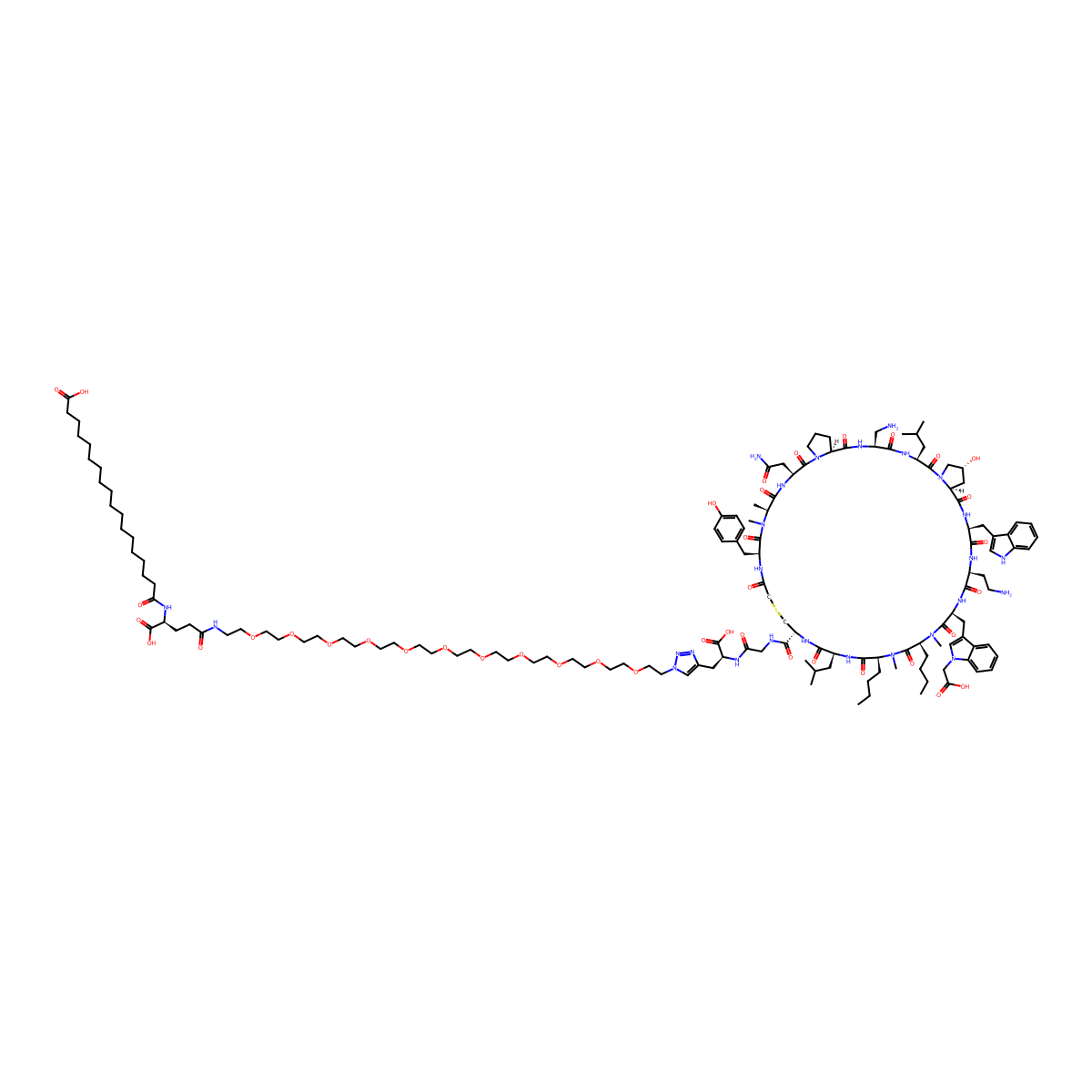 18-[[(1S)-4-[2-[2-[2-[2-[2-[2-[2-[2-[2-[2-[2-[2-[4-[(2S)-2-[[2-[[(3S,6S,9S,15S,18S,21S,27R,30S,33S,36S,39S,42S,45S,48S,50R)-42-(2-aminoethyl)-6-(aminomethyl)-15-(2-amino-2-oxoethyl)-33,36-dibutyl-39-[[1-(carboxymethyl)indol-3-yl]methyl]-50-hydroxy-21-[(4-hydroxyphenyl)methyl]-45-(1H-indol-3-ylmethyl)-18,19,34,37-tetramethyl-3,30-bis(2-methylpropyl)-2,5,8,14,17,20,23,29,32,35,38,41,44,47-tetradecaoxo-25-thia-1,4,7,13,16,19,22,28,31,34,37,40,43,46-tetradecazatricyclo[46.3.0.09,13]henpentacontane-27-carbonyl]amino]acetyl]amino]-2-carboxyethyl]triazol-1-yl]ethoxy]ethoxy]ethoxy]ethoxy]ethoxy]ethoxy]ethoxy]ethoxy]ethoxy]ethoxy]ethoxy]ethylamino]-1-carboxy-4-oxobutyl]amino]-18-oxooctadecanoic acid molecular structure, CAS 2919596-13-5