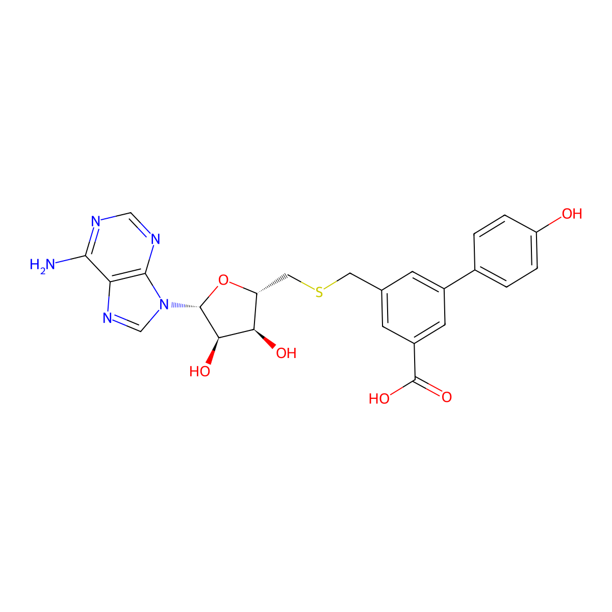 5-(((((2S,3S,4R,5R)-5-(6-Amino-9H-purin-9-yl)-3,4-dihydroxytetrahydrofuran-2-yl)methyl)thio)methyl)-4'-hydroxy-[1,1'-biphenyl]-3-carboxylic acid molecular structure, CAS 2919742-07-5