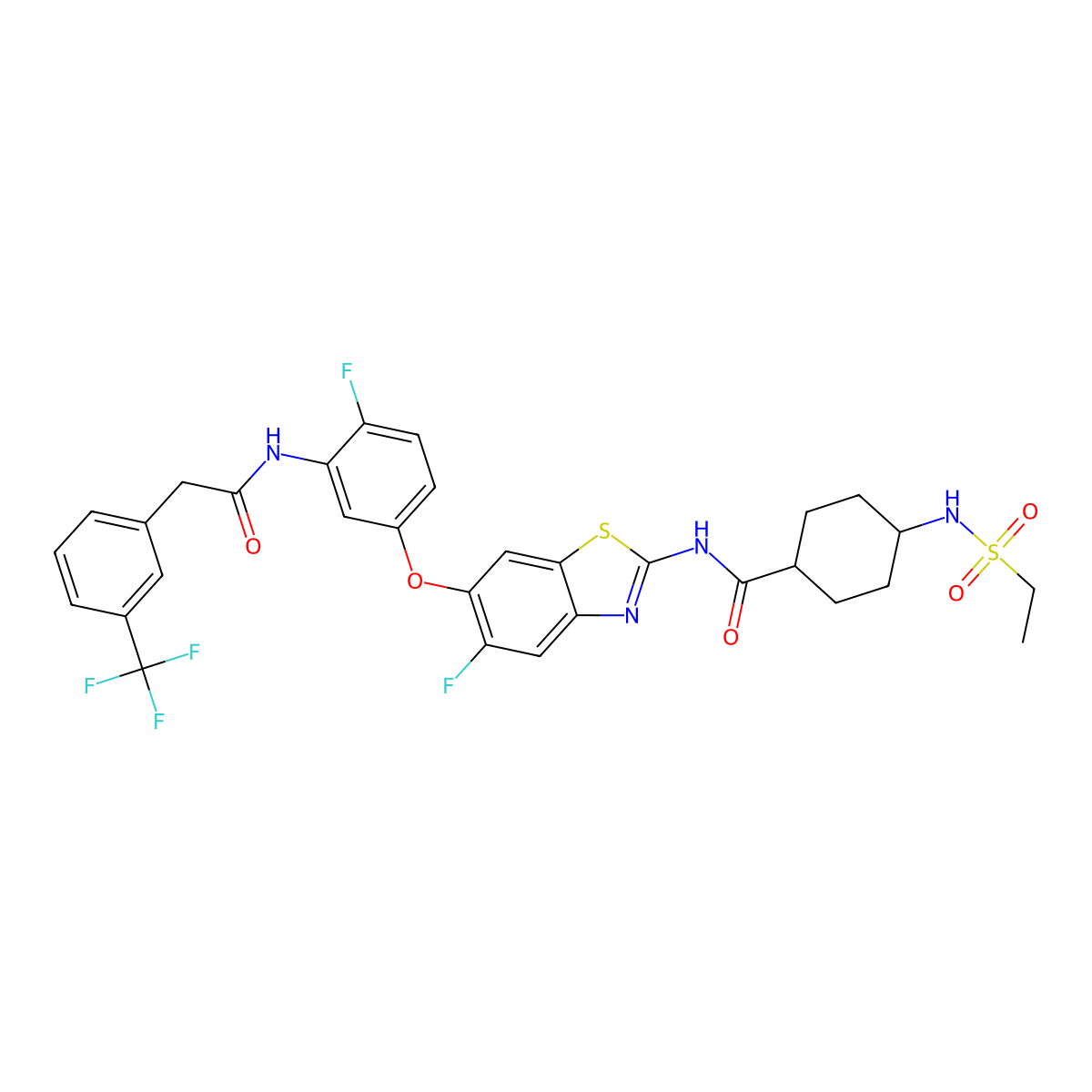 4-(ethylsulfonylamino)-N-[5-fluoro-6-[4-fluoro-3-[[2-[3-(trifluoromethyl)phenyl]acetyl]amino]phenoxy]-1,3-benzothiazol-2-yl]cyclohexane-1-carboxamide molecular structure, CAS 2919801-86-6