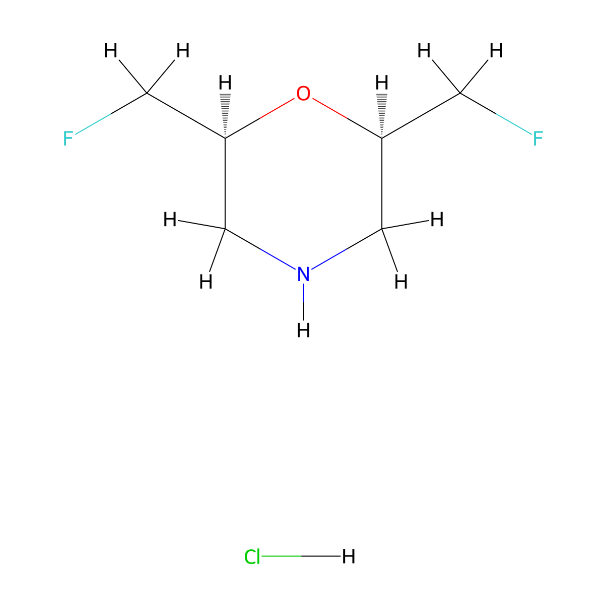 (2R,6S)-2,6-bis(fluoromethyl)morpholine hydrochloride, cis molecular structure, CAS 2919940-64-8
