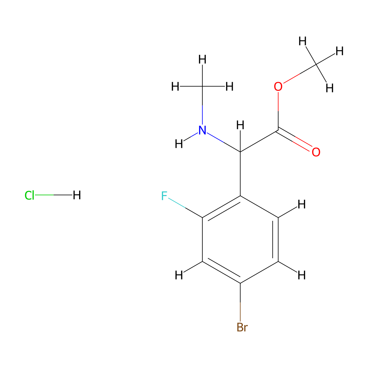 Methyl 2-(4-bromo-2-fluorophenyl)-2-(methylamino)acetate hydrochloride molecular structure, CAS 2919945-63-2