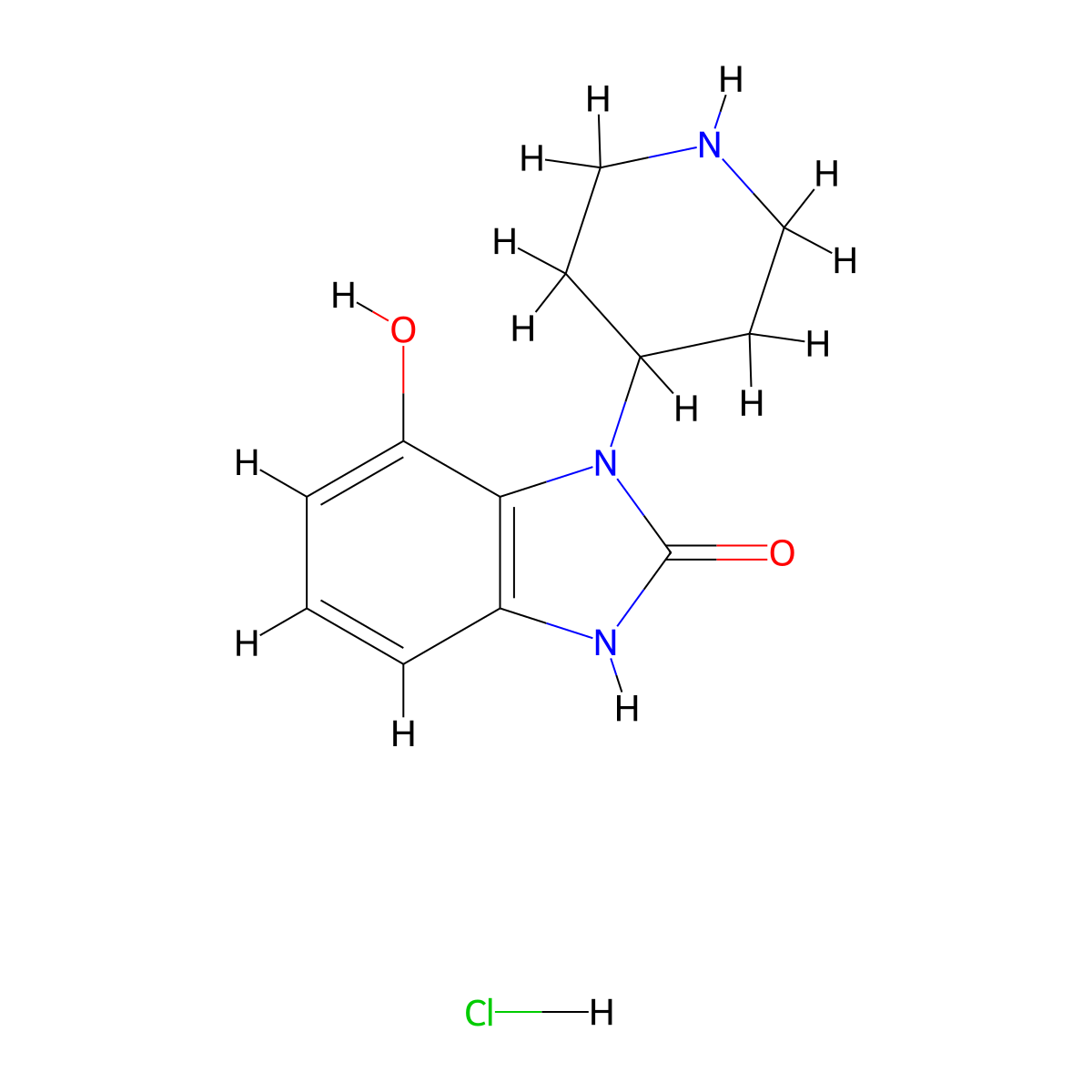7-hydroxy-1-(piperidin-4-yl)-2,3-dihydro-1H-1,3-benzodiazol-2-one hydrochloride molecular structure, CAS 2919946-54-4