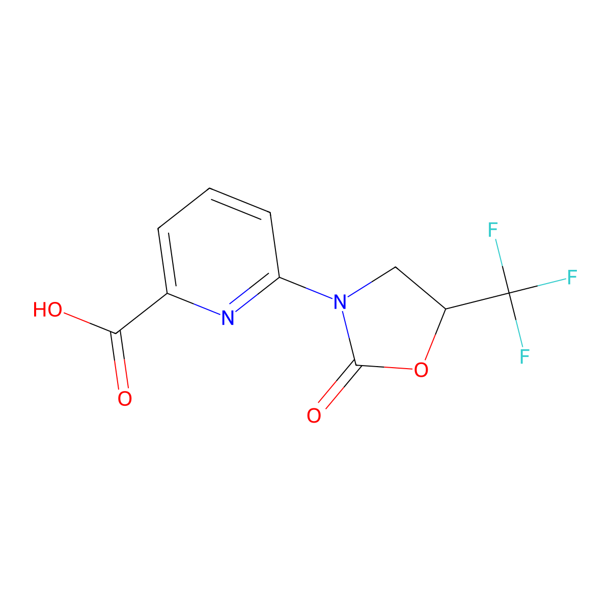 6-[2-Oxo-5-(trifluoromethyl)-1,3-oxazolidin-3-yl]pyridine-2-carboxylic acid molecular structure, CAS 2919955-38-5
