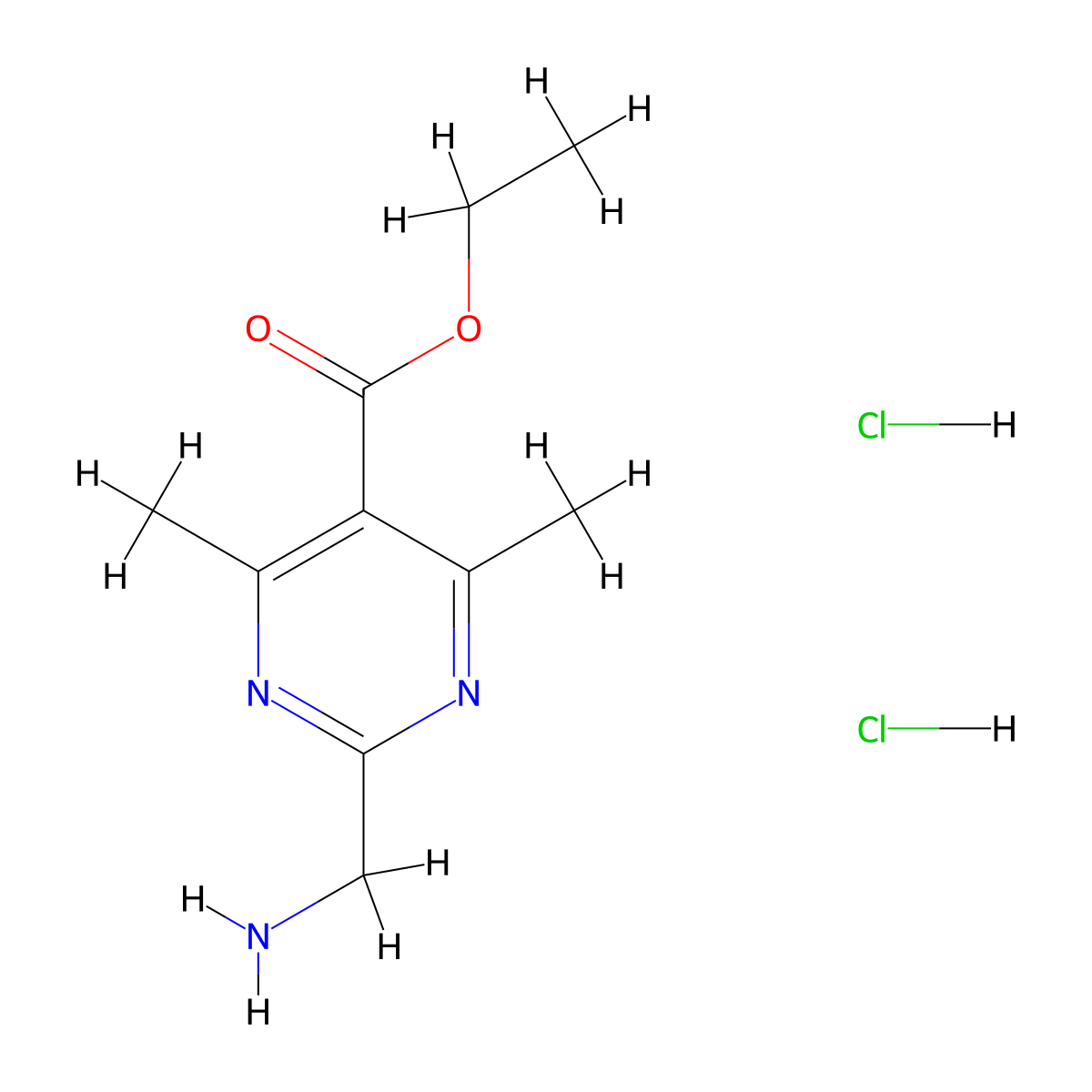 Ethyl 2-(aminomethyl)-4,6-dimethylpyrimidine-5-carboxylate dihydrochloride molecular structure, CAS 2919955-72-7