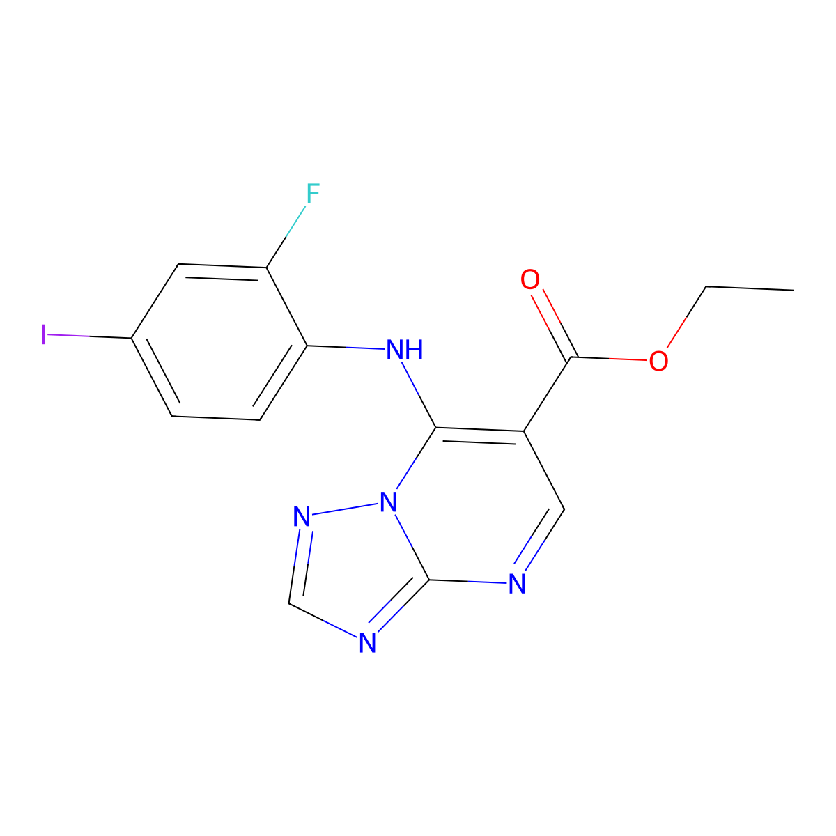 Ethyl 7-[(2-fluoro-4-iodophenyl)amino]-[1,2,4]triazolo[1,5-a]pyrimidine-6-carboxylate molecular structure, CAS 2919955-73-8
