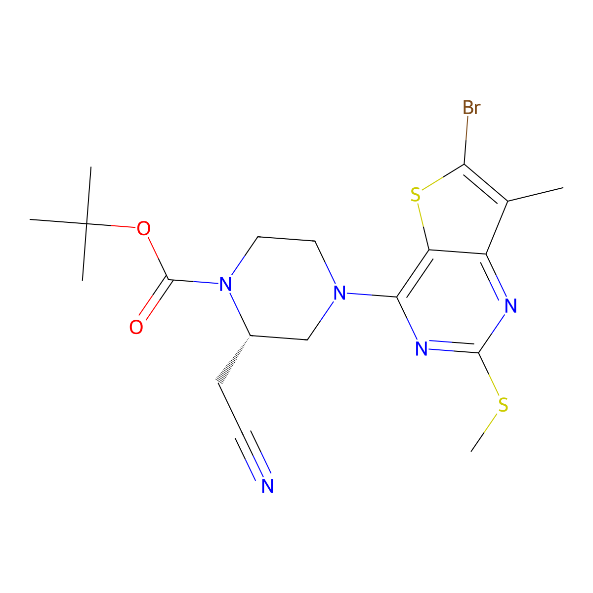 tert-butyl (S)-4-(6-bromo-7-methyl-2-(methylthio)thieno[3,2-d]pyrimidin-4-yl)-2-(cyanomethyl)piperazine-1-carboxylate molecular structure, CAS 2920030-64-2
