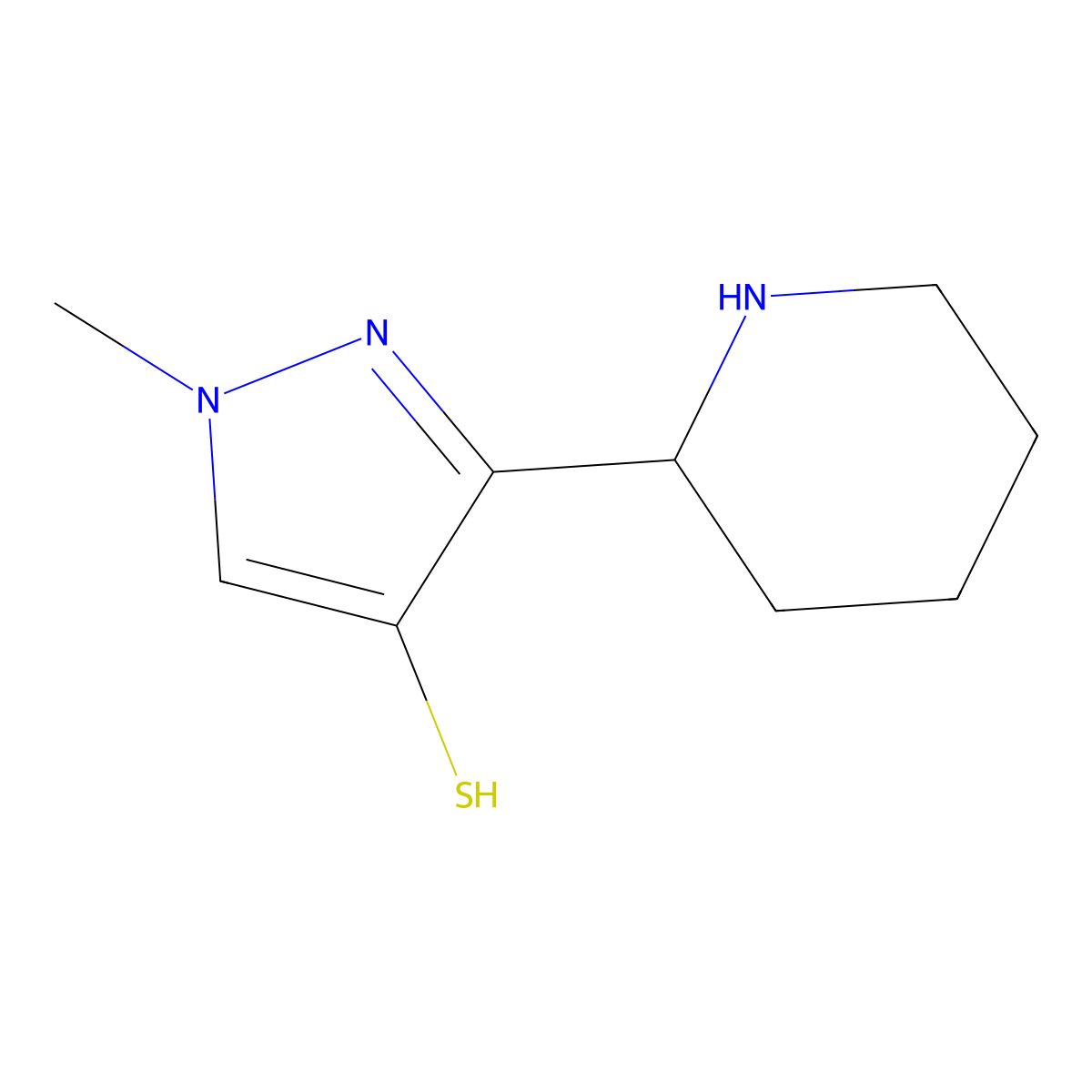 1-methyl-3-(piperidin-2-yl)-1H-pyrazole-4-thiol molecular structure, CAS 2920117-63-9