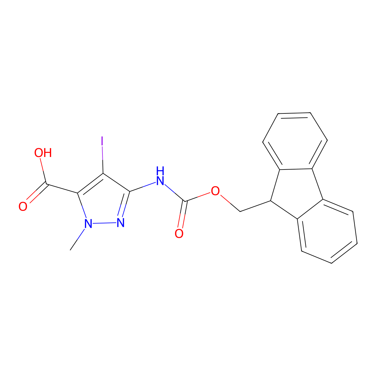 3-({[(9H-fluoren-9-yl)methoxy]carbonyl}amino)-4-iodo-1-methyl-1H-pyrazole-5-carboxylic acid molecular structure, CAS 2920127-54-2