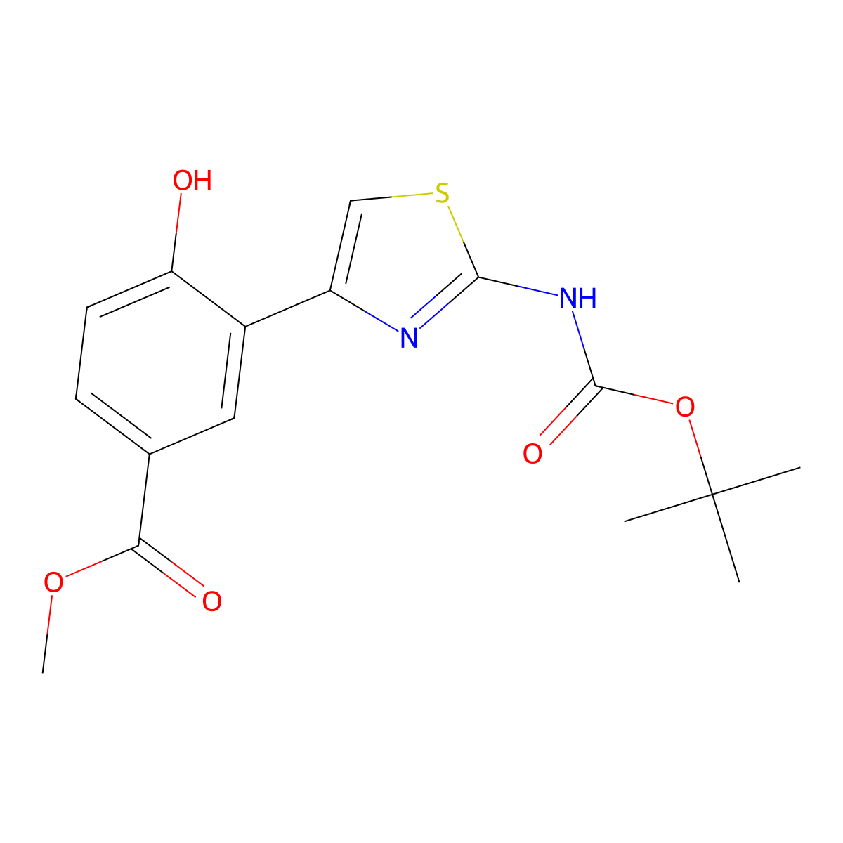 Methyl 3-(2-{[(tert-butoxy)carbonyl]amino}-1,3-thiazol-4-yl)-4-hydroxybenzoate molecular structure, CAS 2920132-59-6