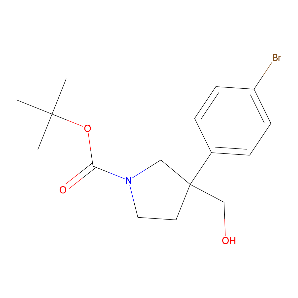 Tert-butyl 3-(4-bromophenyl)-3-(hydroxymethyl)pyrrolidine-1-carboxylate molecular structure, CAS 2920141-18-8