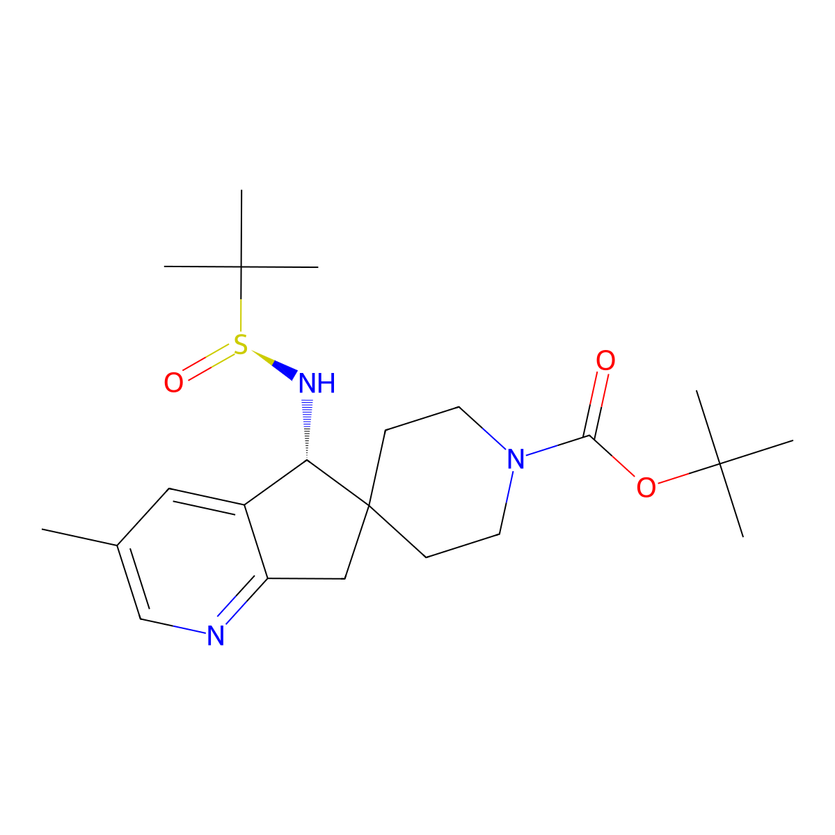 tert-butyl (5R)-5-[[(S)-tert-butylsulfinyl]amino]-3-methyl-spiro[5,7-dihydrocyclopenta[b]pyridine-6,4'-piperidine]-1'-carboxylate molecular structure, CAS 2920180-20-5