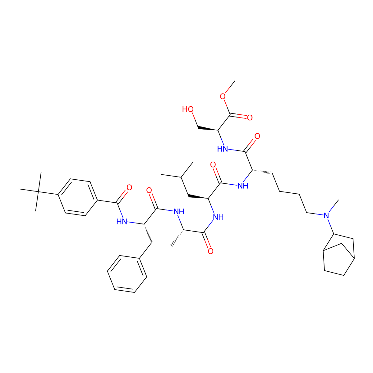 methyl (2S)-2-[[(2S)-6-[2-bicyclo[2.2.1]heptanyl(methyl)amino]-2-[[(2S)-2-[[(2S)-2-[[(2S)-2-[(4-tert-butylbenzoyl)amino]-3-phenylpropanoyl]amino]propanoyl]amino]-4-methylpentanoyl]amino]hexanoyl]amino]-3-hydroxypropanoate molecular structure, CAS 2920299-34-7