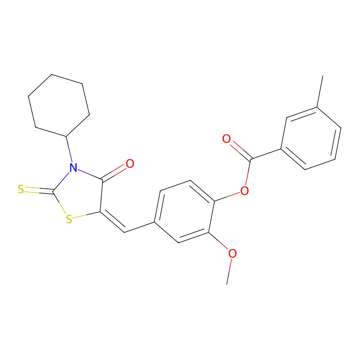 4-[(3-Cyclohexyl-4-oxo-2-thioxo-5-thiazolidinylidene)methyl]-2-methoxyphenyl 3-methylbenzoate molecular structure, CAS 292034-11-8