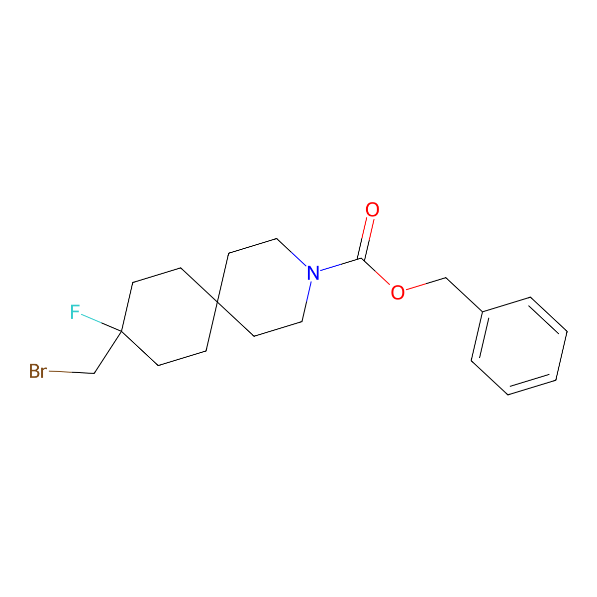 Benzyl 9-(bromomethyl)-9-fluoro-3-azaspiro[5.5]undecane-3-carboxylate molecular structure, CAS 2920399-72-8