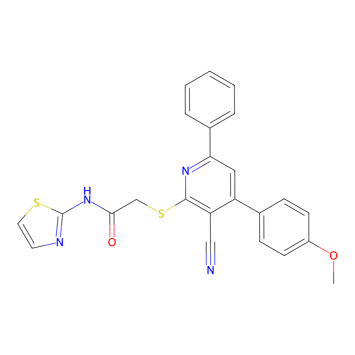 2-{[3-cyano-4-(4-methoxyphenyl)-6-phenyl-2-pyridinyl]thio}-N-1,3-thiazol-2-ylacetamide molecular structure, CAS 292057-74-0