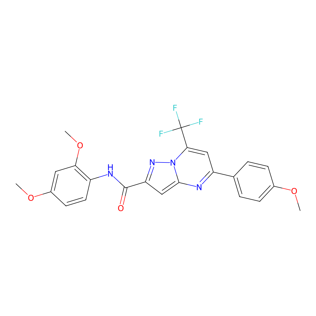 N-(2,4-dimethoxyphenyl)-5-(4-methoxyphenyl)-7-(trifluoromethyl)pyrazolo[1,5-a]pyrimidine-2-carboxamide molecular structure, CAS 292057-94-4