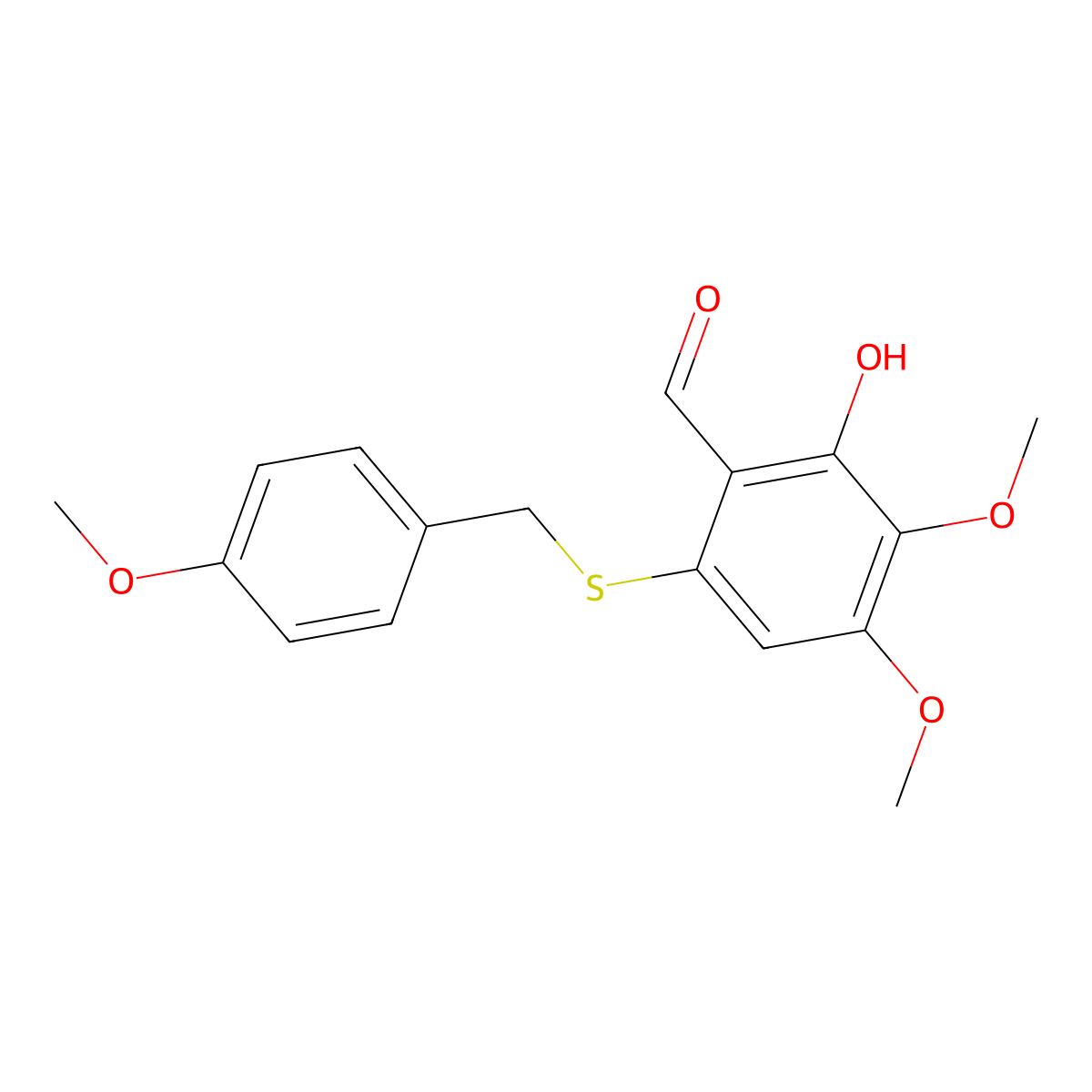 2-Hydroxy-3,4-dimethoxy-6-[(4-methoxyphenyl)methylsulfanyl]benzaldehyde molecular structure, CAS 2920573-70-0