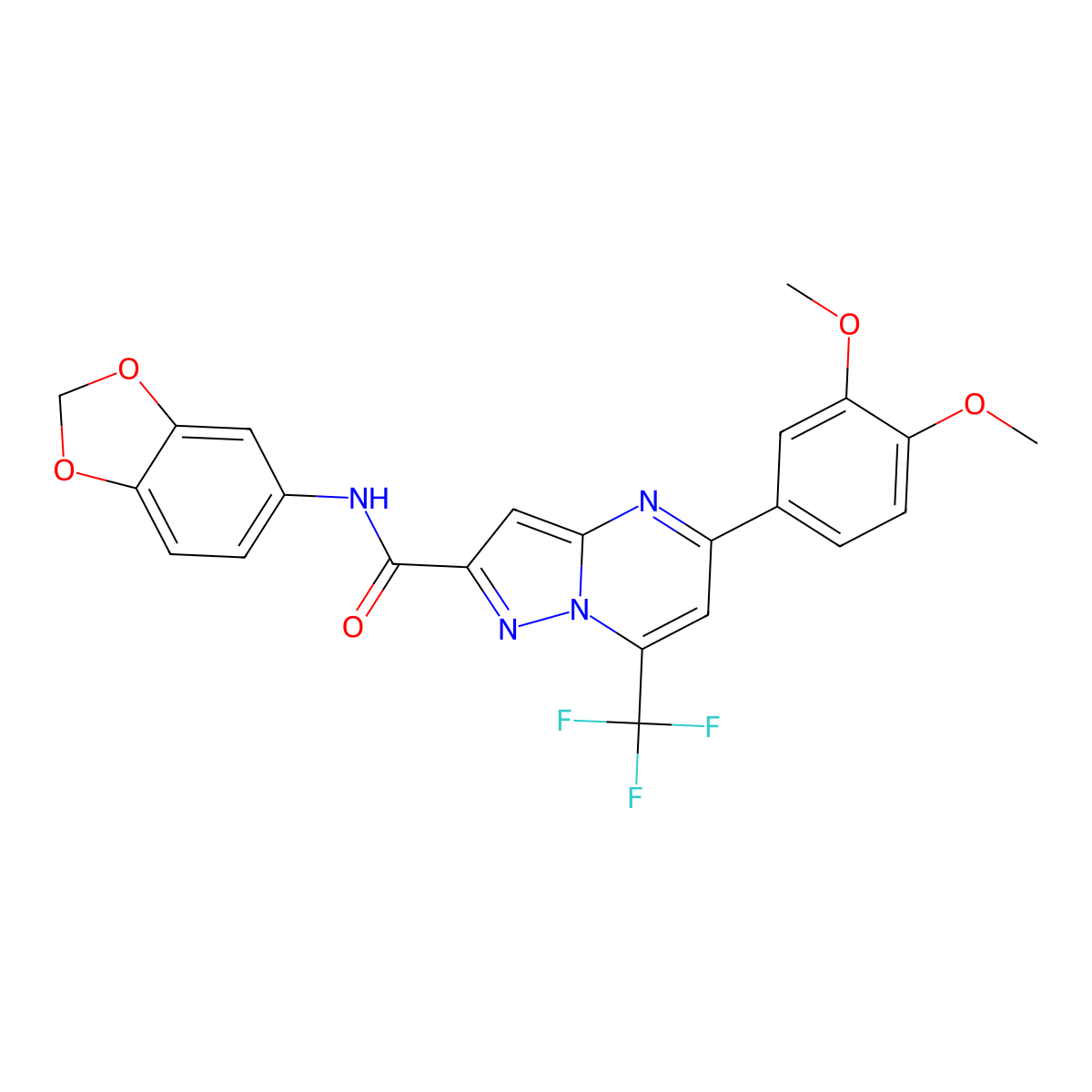 N-(1,3-benzodioxol-5-yl)-5-(3,4-dimethoxyphenyl)-7-(trifluoromethyl)pyrazolo[1,5-a]pyrimidine-2-carboxamide molecular structure, CAS 292058-01-6