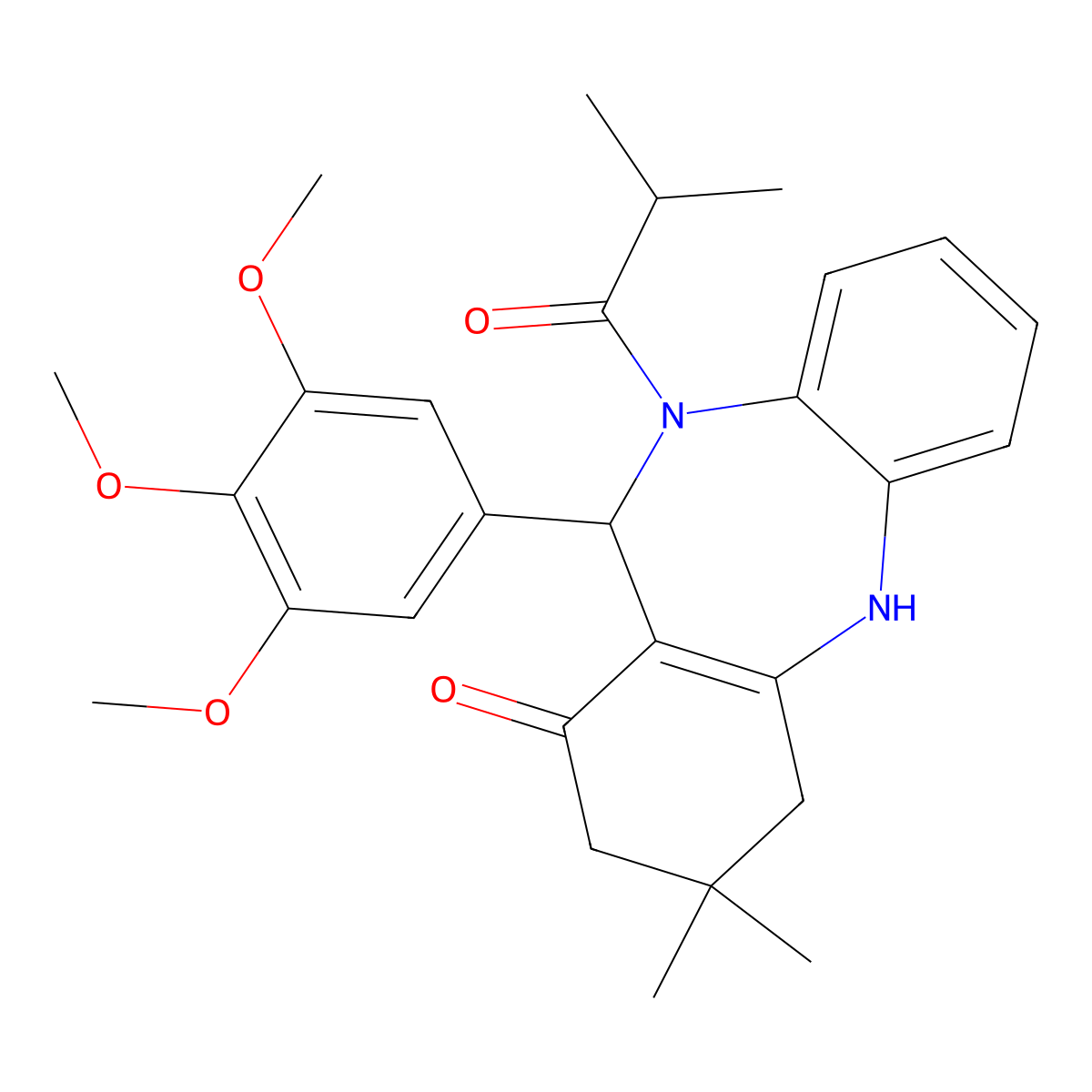 9,9-Dimethyl-5-(2-methylpropanoyl)-6-(3,4,5-trimethoxyphenyl)-6,8,10,11-tetrahydrobenzo[b][1,4]benzodiazepin-7-one molecular structure, CAS 292064-53-0