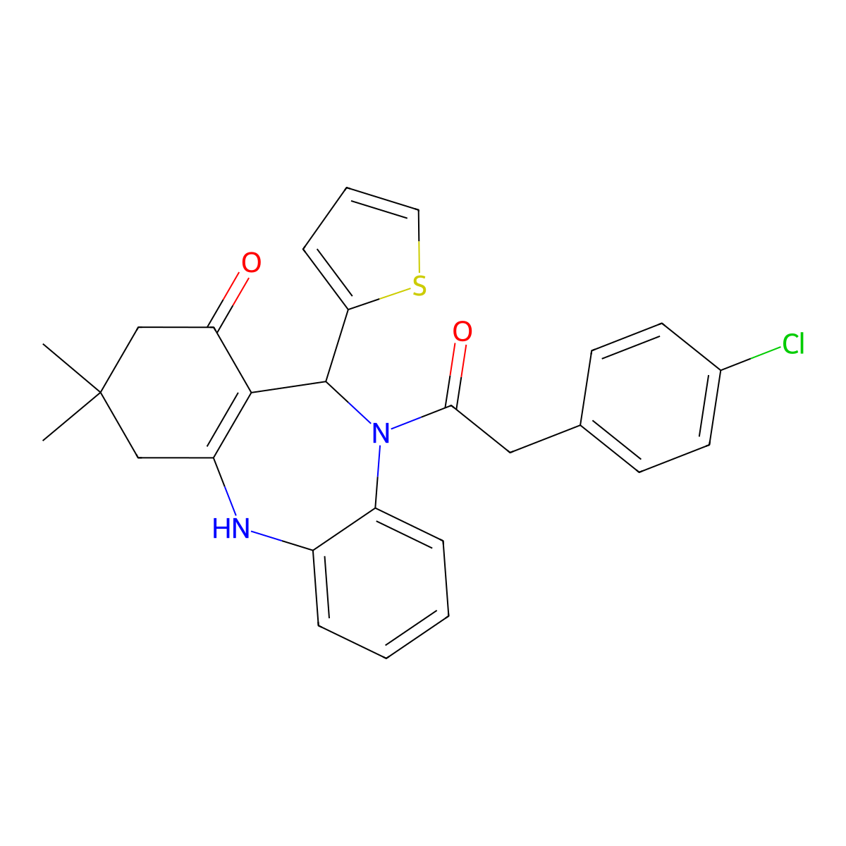 5-[2-(4-Chlorophenyl)acetyl]-9,9-dimethyl-6-thiophen-2-yl-6,8,10,11-tetrahydrobenzo[b][1,4]benzodiazepin-7-one molecular structure, CAS 292064-56-3