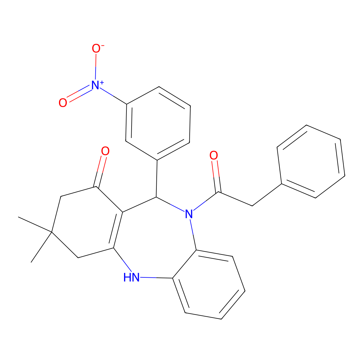 9,9-Dimethyl-6-(3-nitrophenyl)-5-(2-phenylacetyl)-6,8,10,11-tetrahydrobenzo[b][1,4]benzodiazepin-7-one molecular structure, CAS 292064-59-6